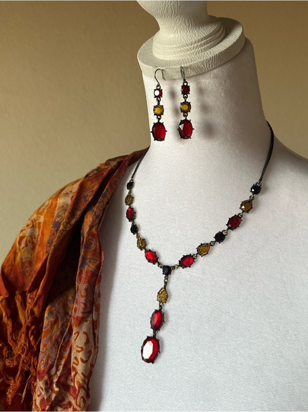 ✨Chico’s Statement Necklace Set Red Amber Drop Earrings Vintage Style